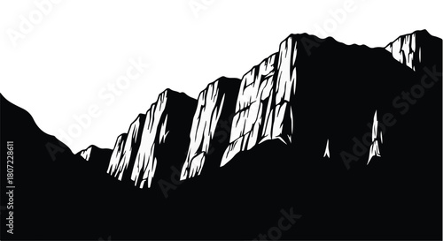 Dramatic silhouette of rugged mountain peaks against a bright sky, evoking adventure and scale.