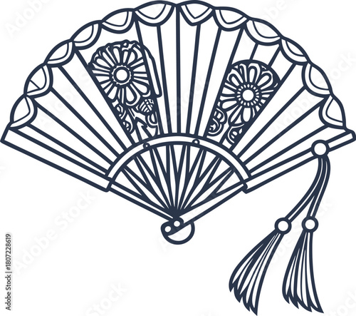 Decorative hand fan with floral motifs and tassels elegant accessory, asian art, traditional culture concept