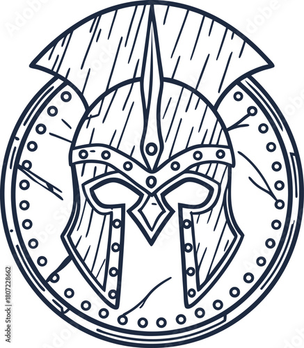 Ancient warrior helmet with protective shield spartan style, historical battle armor illustration, line drawing