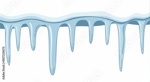 Seamless vector illustration of a winter border with light blue icicles and snow hanging from an icy edge on a white background.