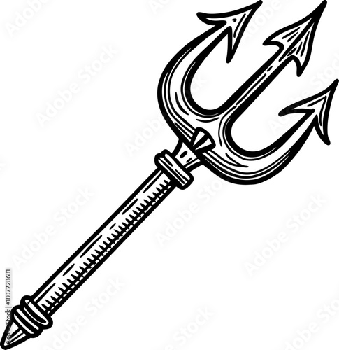 Classic trident weapon illustration three pronged spear, ancient mythological tool, sharp barb points, black and white drawing