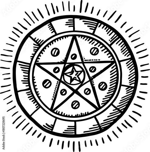 Mystical pentagram symbol with concentric circles and sun rays esoteric occult alchemy, magic ritual protection emblem