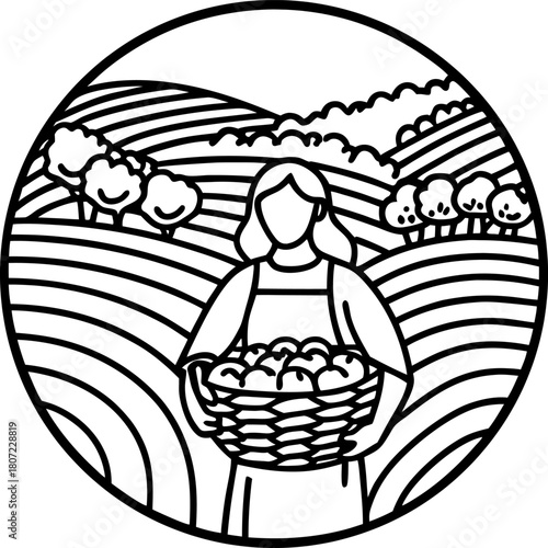 Female farmer holding a basket of freshly harvested apples in a scenic countryside landscape, rural agriculture concept