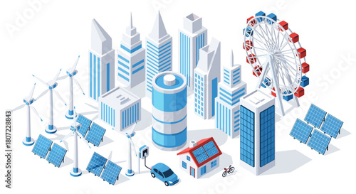Modern sustainable city powered by solar, wind, and battery power for a cleaner future energy transition