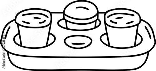 Fast food tray with two drinks and a burger outline icon of meal served on tray for takeout or quick service