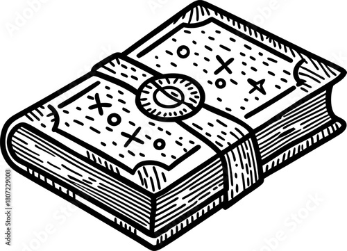 Vintage mystical book with ornate cover and leather strap old magic spell tome, hand drawn engraved illustration