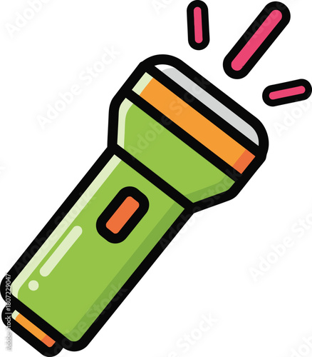 Green cartoon flashlight illustration emitting light. portable hand-held light source icon design