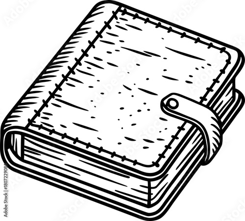 Vintage leather bound notebook with stitched cover and clasp closure hand drawn illustration of closed journal diary