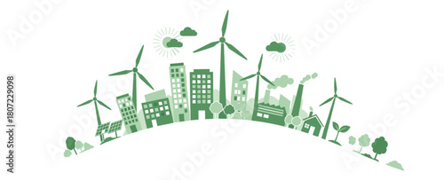 Sustainable city skyline with wind turbines and solar panels powering urban buildings for a greener future