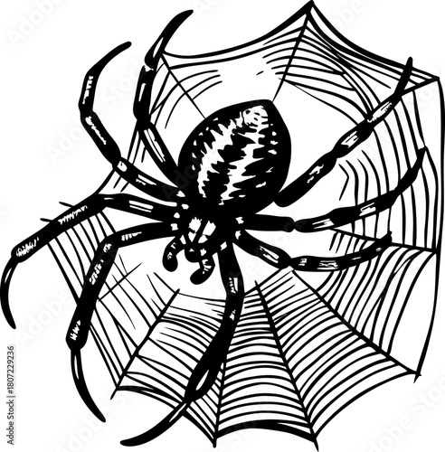 Detailed black spider illustration with intricate web hand drawn spider and web, creepy insect, halloween concept