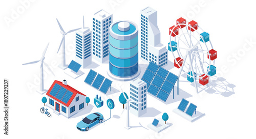 Sustainable urban ecosystem powered by renewable energy sources, a vibrant and modern city landscape design