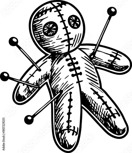 Hand drawn voodoo doll with pins traditional stitched cloth figurine, black sketch, occult magic ritual object