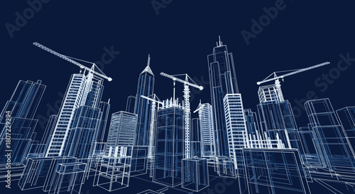 Elegant architectural blueprint of modern city skyline with skyscrapers under construction reveals innovation
