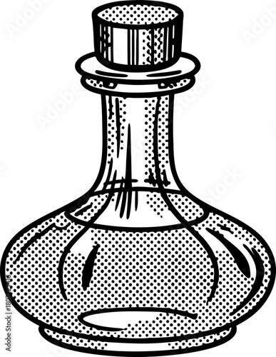 Vintage glass decanter illustration hand drawn corked bottle, retro sketch style, transparent antique vessel