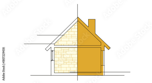 Detailed house elevation blueprint with stone facade and chimney, ideal for architectural design reference