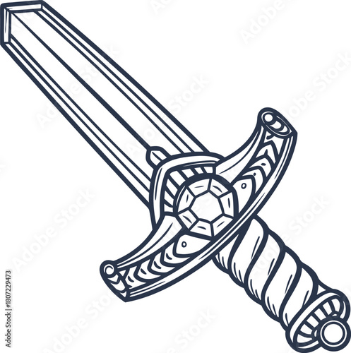 Medieval fantasy sword with detailed ornate hilt and gemstone classic blade, illustration of ancient weapon design