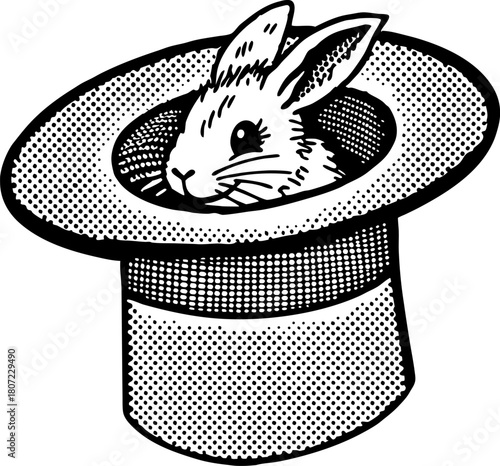 Magic show classic trick, rabbit emerging from magician top hat vintage hand drawn illustration, surprise illusion concept