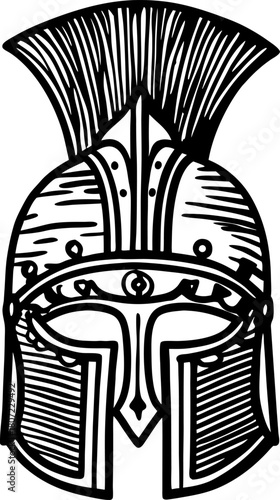 Ancient warrior helmet illustration with plume hand drawn greek corinthian armor, black and white line art