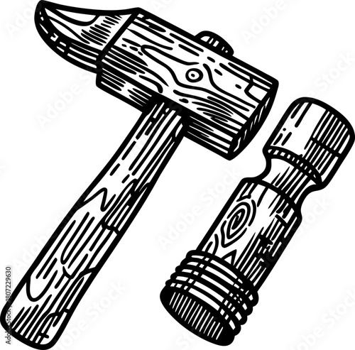 Wooden hammer and chisel set hand drawn vintage woodworking tools, carpentry instrument isolated illustration