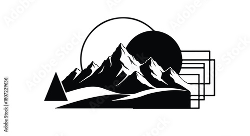 Striking black and white illustration of majestic mountains under a sun and geometric shapes