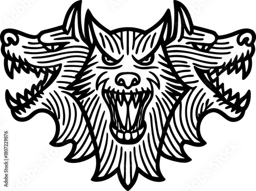 Ferocious three headed wolf emblem with snarling faces black and white mythological beast line art illustration