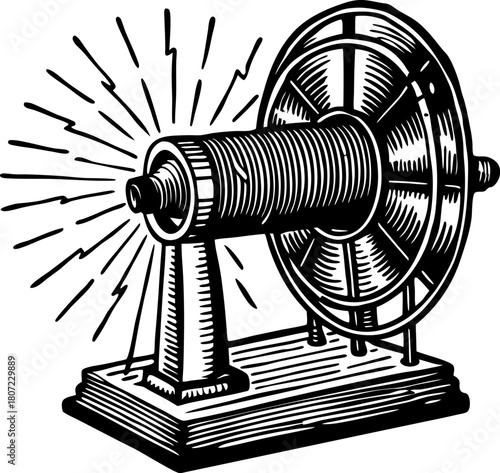 Vintage hand drawn electric generator illustration old fashioned dynamo machine with metallic gears and energy rays