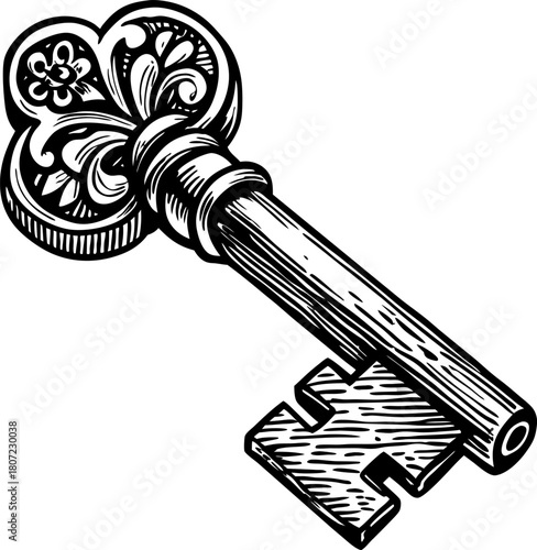Ornate antique skeleton key illustration vintage hand drawn design, classical metal object, security and access concept