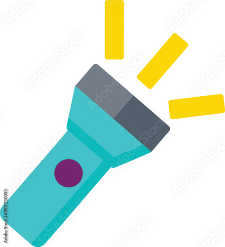 Flat design icon of a turquoise flashlight with grey head and purple button emitting light