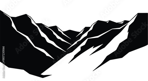 Dramatic black and white mountain range silhouette with sharp peaks and deep valleys.