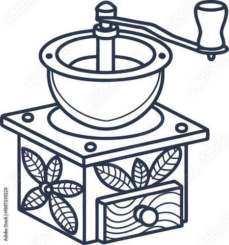 Vintage manual coffee grinder with floral design and hand crank traditional kitchen tool isolated illustration