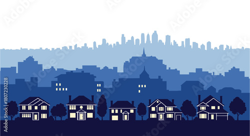 Tranquil suburban neighborhood with city skyline backdrop, perfect for real estate marketing and cozy home promotions