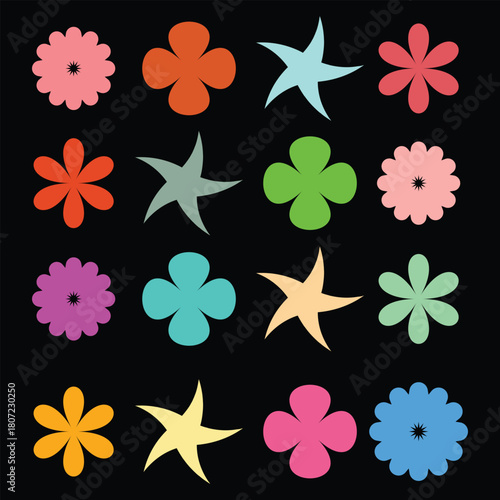 Sixteen colorful abstract flower shapes and starbursts on black background graphic