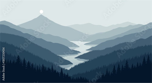 Stunning mountain landscape vista with river and forest conveys peace and tranquility for scenic backgrounds