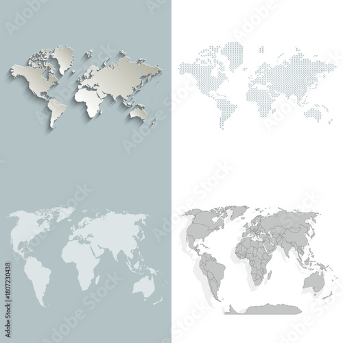 A collection of political paper maps of the world. A set of gray outline maps.