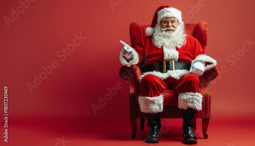 A friendly, smiling Santa Claus sits in an armchair against a red background and points with his finger at the empty seat next to him