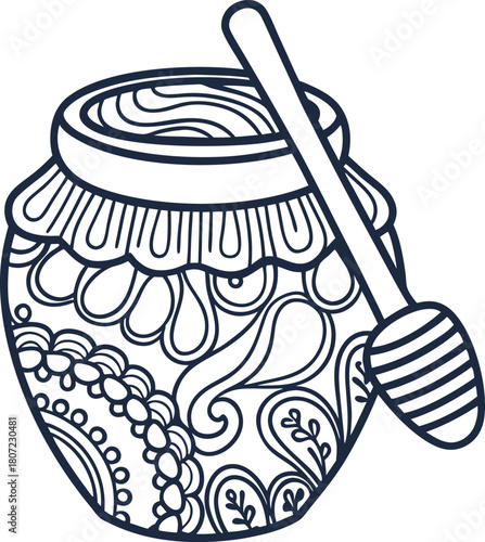 Decorative honey jar and dipper outline with ornamental floral patterns for coloring and crafts design