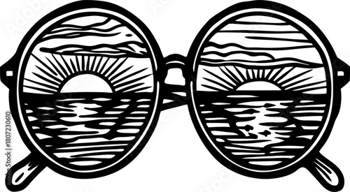 Round eyeglasses with sunset reflection over ocean waves artistic coastal landscape, horizon in spectacles