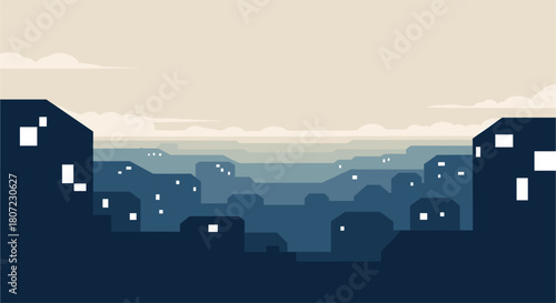 Serene cityscape illustration with a calming blue gradient and minimalist building shapes under soft sky