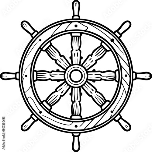 Vintage ship wheel illustration nautical steering helm icon, detailed black and white maritime navigation symbol