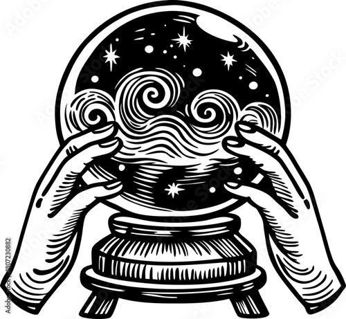 Mystic crystal ball with swirling clouds and stars, vintage hands gazing into fortune telling orb, magical prophecy symbolism