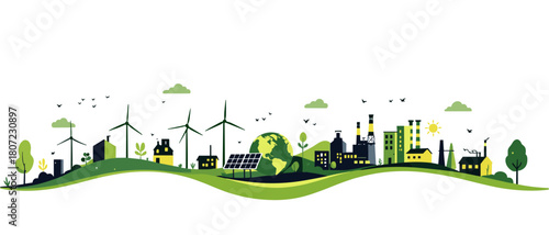 Modern eco-friendly city with windmills, solar panels, and green energy for a sustainable future concept