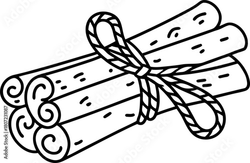Bundle of cinnamon sticks tied with string fragrant aromatic spice for cooking, baking, and herbal tea recipes