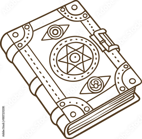 Ancient magic book with pentagram symbol, leather straps, and mystical decorative elements, hand drawn illustration