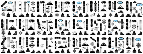 Seamless pattern of winter sports icons featuring skis, snowboards, ski lifts, goggles, mountains, boots, hats, and snowflakes in a black and white repeating texture.