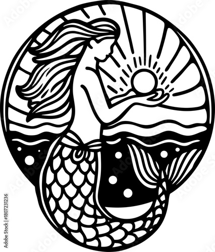 Artistic mermaid silhouette holding sun in ocean waves mythical sea creature, fantasy illustration, marine folklore design