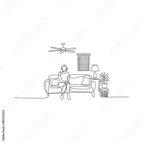 Line drawing of a person sitting on a couch with a drone overhead