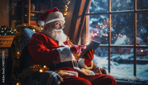 Święty Mikołaj siedzi w fotelu i korzysta z tableta