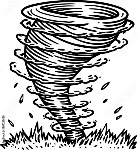 Tornado vortex illustration rotating cyclone funnel cloud above grass, powerful wind storm, natural disaster concept
