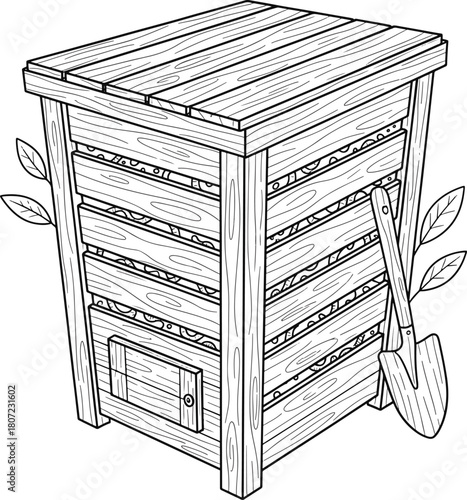 A black and white line drawing of a wooden compost bin with a shovel and leaves around the bin area