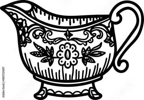 ornate vintage gravy boat illustration decorative floral design, elegant antique tableware, classic serving vessel
